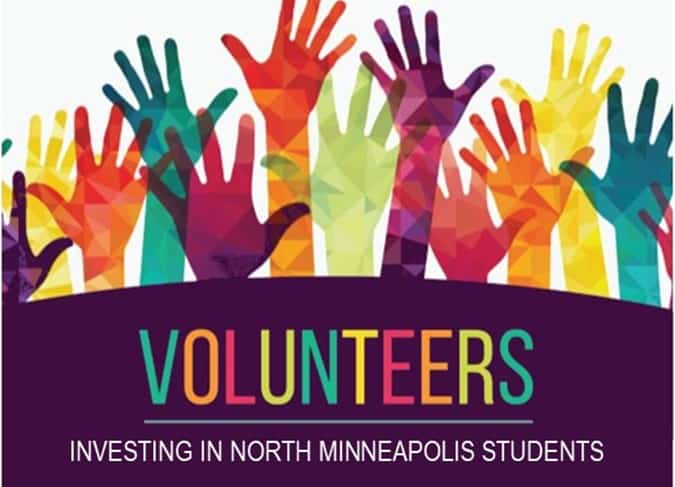 multiple hands raised with text underneath that reads Volunteers investing in north Minneapolis students